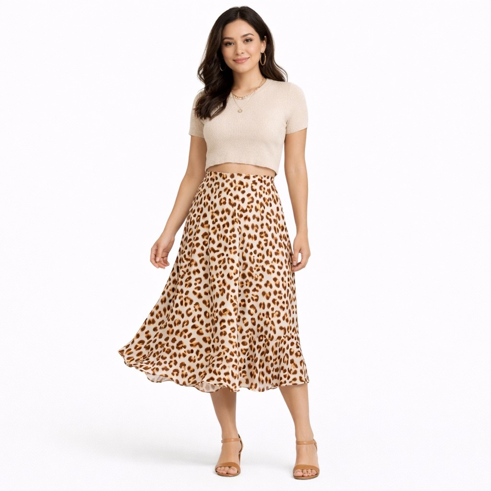 Free People Leopard Print Midi Skirt in Cream and Brown